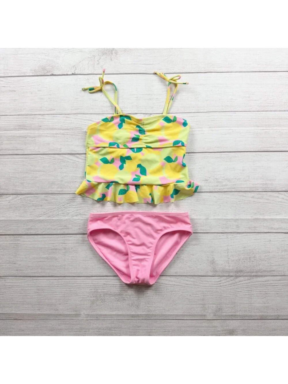 Cat & Jack Girls 2PC Lemon Print Tankini Swimsuit Set Yellow Pink M 8